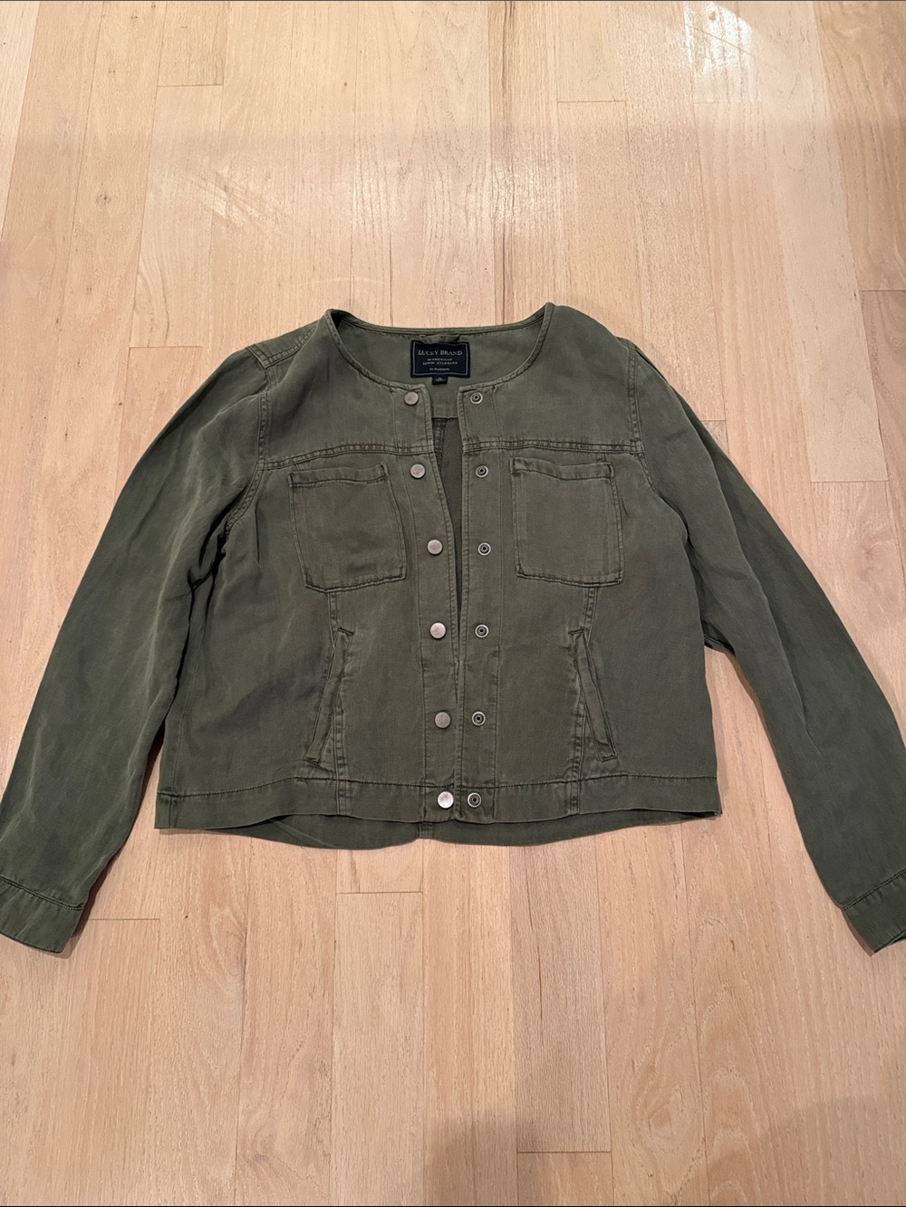 Lucky Brand Olive Green Snap-Front Collarless Jean Jacket